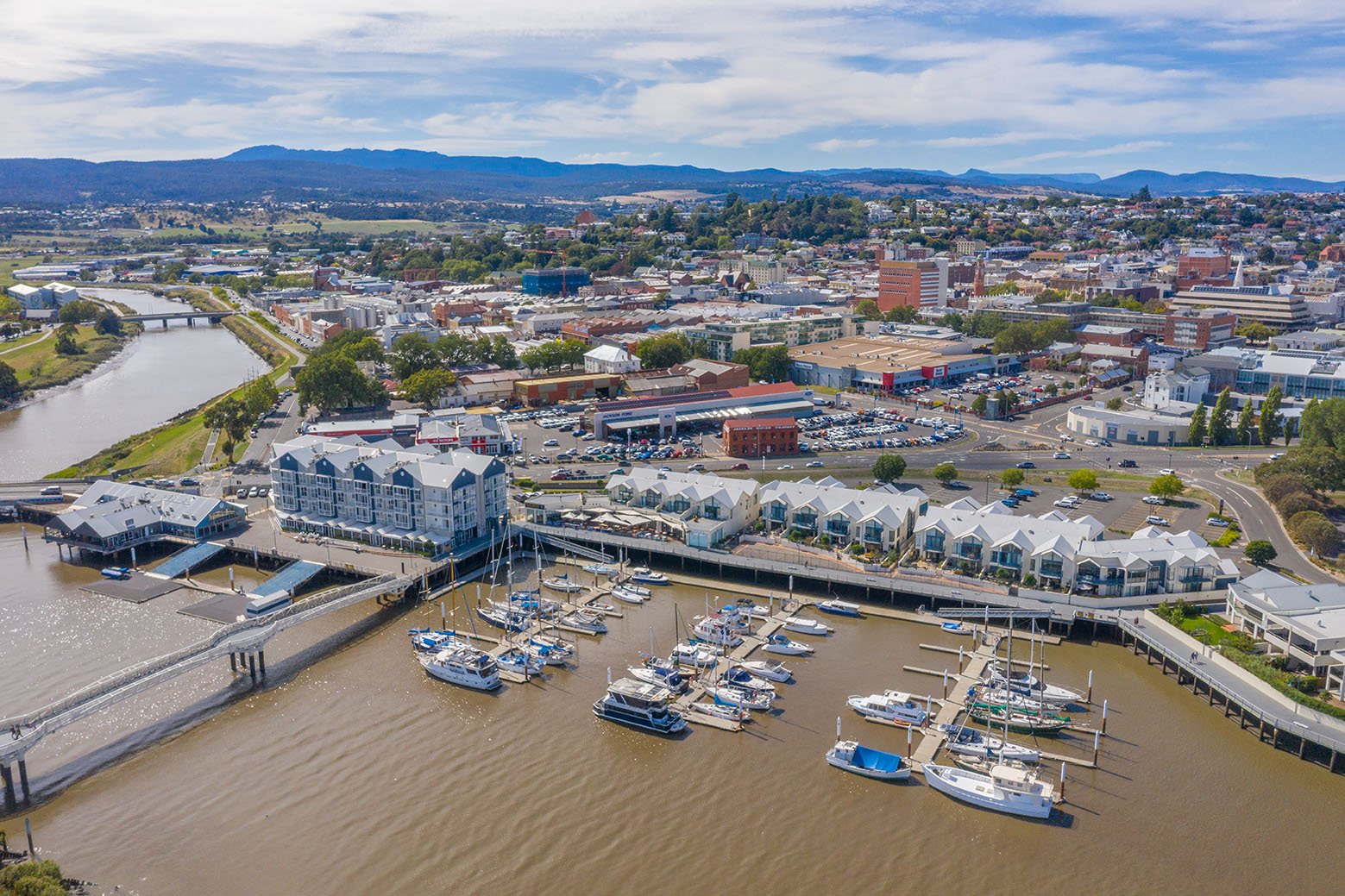 LAUNCESTON, AUSTRALIA, FEBRUARY 29, 2020: Aerial view of marina in Launceston, Australia