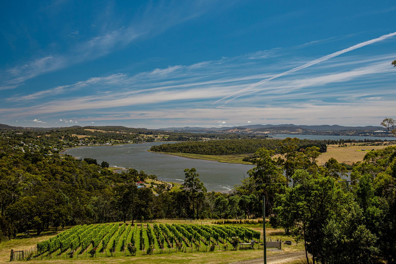 Launceston, Australia - January 21, 2021: Looking out over the Tamar River which connects Launceston to the Bass Strait in the north of Tasmania.